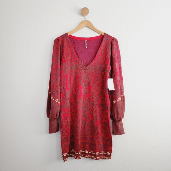 Free People Music and Lyrics Damask Knit Long Sleeve Sweater Dress Red S NWT - Picture 5 of 13